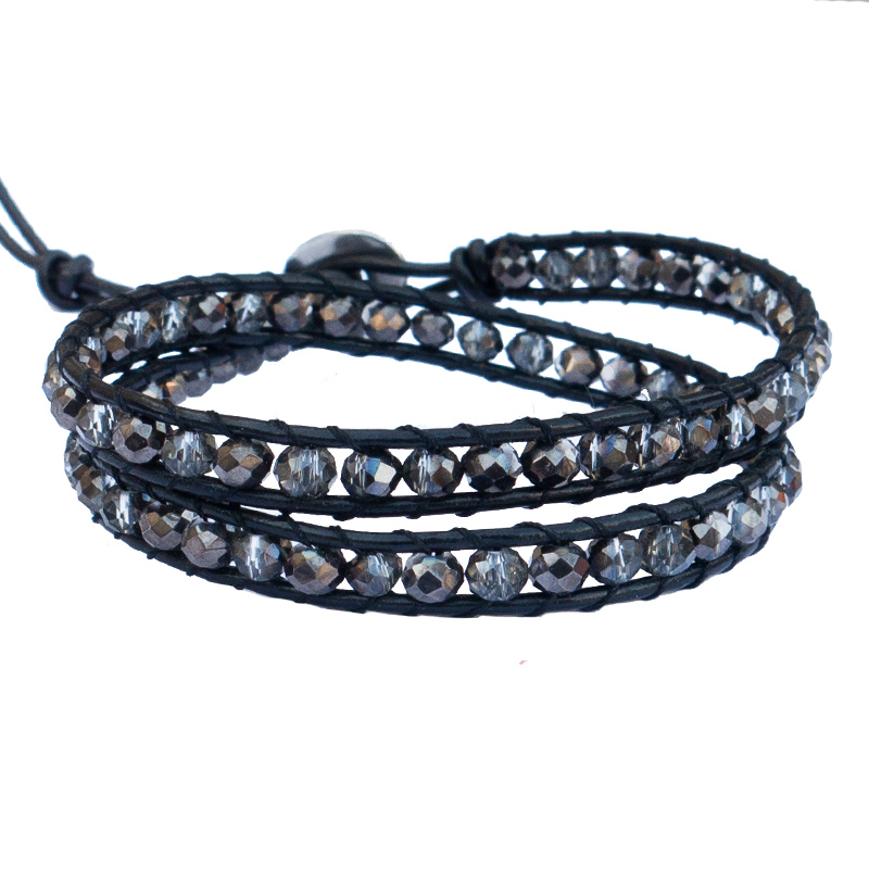 Jt Δερμάτινο διπλό βραχιόλι - κολιέ τσόκερ με κρύσταλλα Γκρι